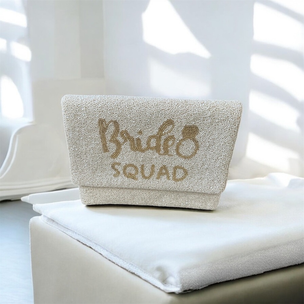 Bride Squad Beaded Clutch Purse Gold Chain Rhinestone Ring Wedding Bridal‎